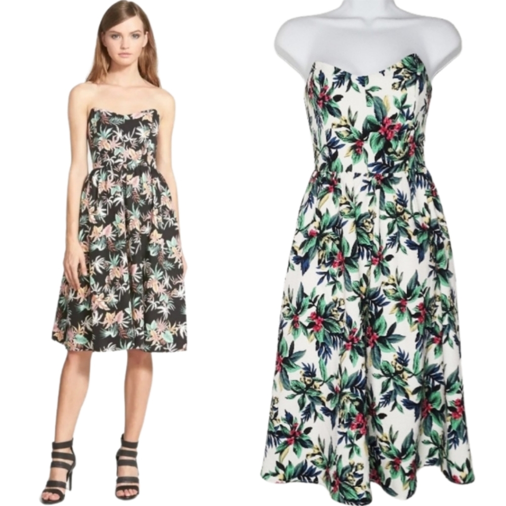 LOVE SADIE Pink Blue Green Floral Strapless Midi Fit Flare Dress XS NWT